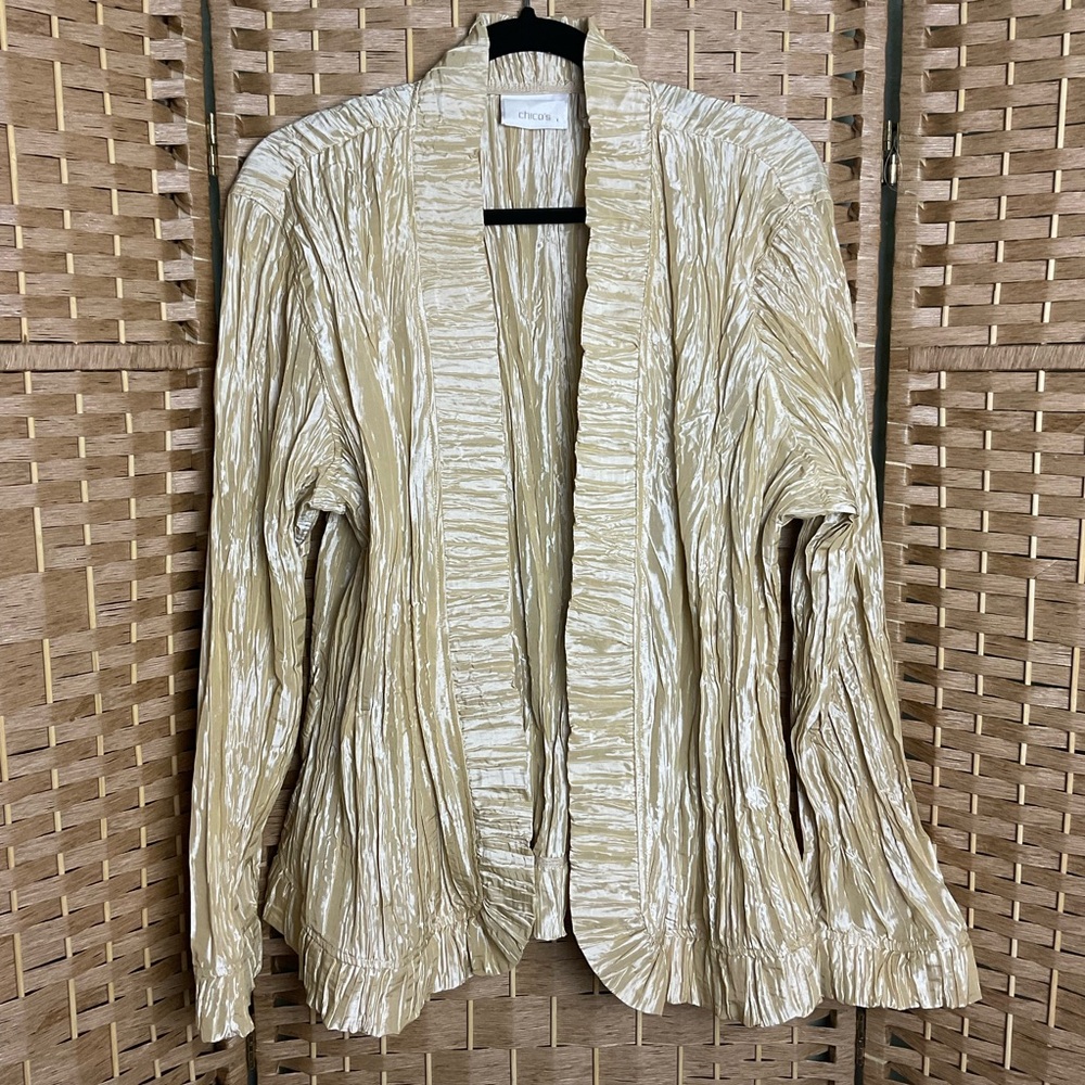 Chico’s Royal Ruffle Rhea Stardust Open Front Dressy Cardigan Gold Crinkle